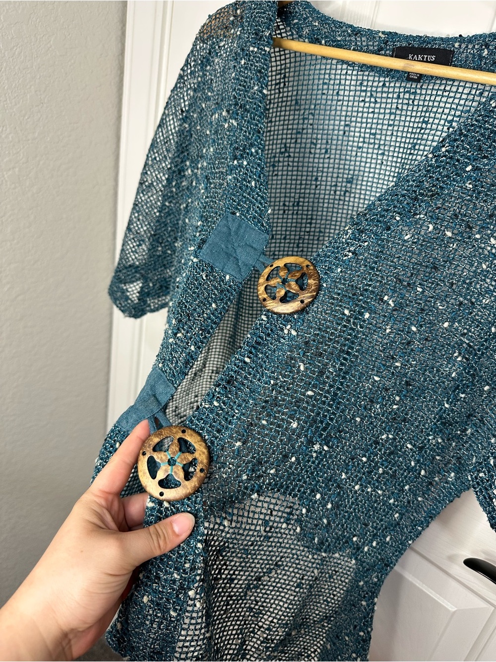 Kaktus Turquoise White Speckled Open Knit Cardigan L Mermaidcore Coastal Boho - Picture 3 of 8